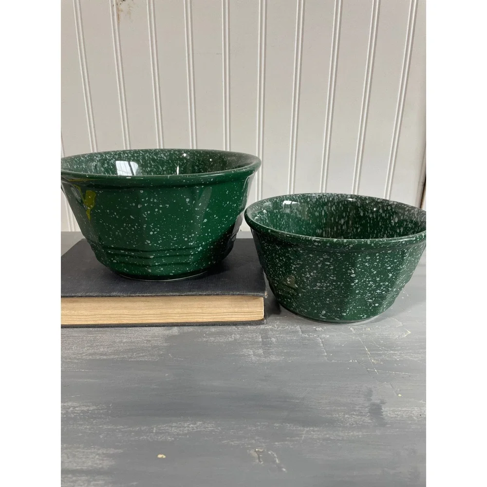 Green Speckleware Splatter Nesting Mixing Bowls Set of‎ 2 Farmhouse Rustic